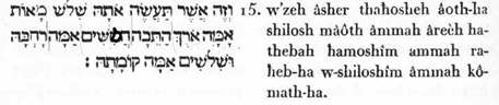 15. Et-c’est-ainsi que tu-feras Ia-séité-d’elle : trois centuples de-mesure-mère (régulatrice) la-longitude de-la-thebah (cette retraite sacrée) cinq-décuples de-mesure, la-latitude-sienne ; et-trois décuples de-mesure, la-solidité (la substantialité) -sienne.